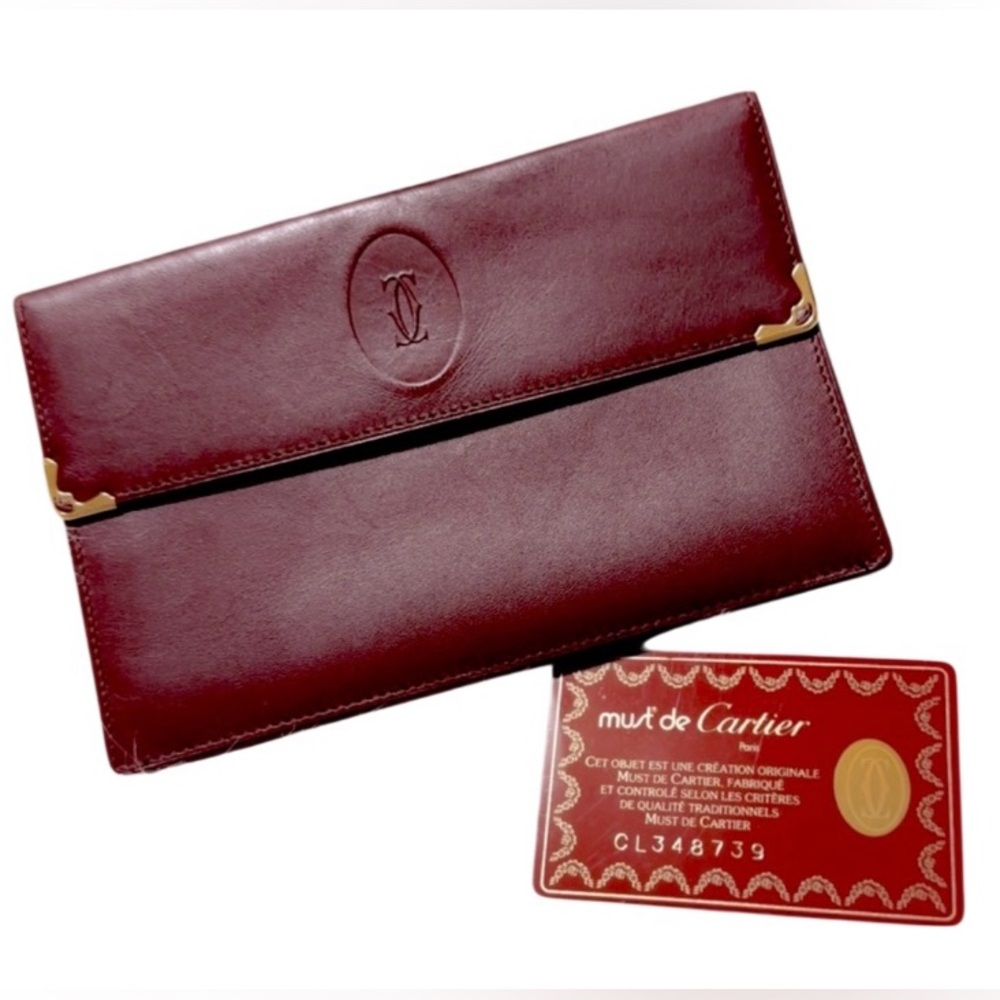Cartier Must de Tri-fold Wallet/Clutch Leather Bordeaux 7” x 4.5” Like New!